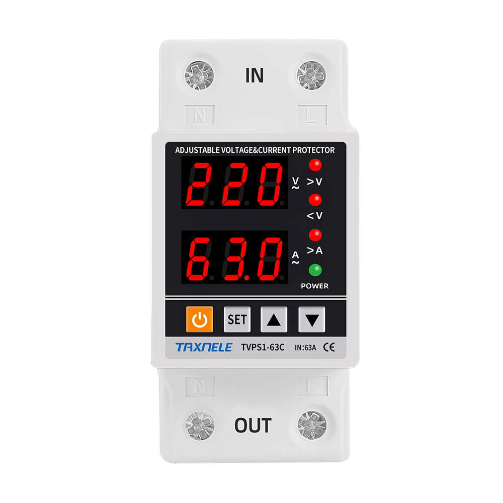 Dual Display 40A 63A 230V Din Rail Adjustable digital Over Under Voltage Relay Surge Protector Limit Over Current Protection