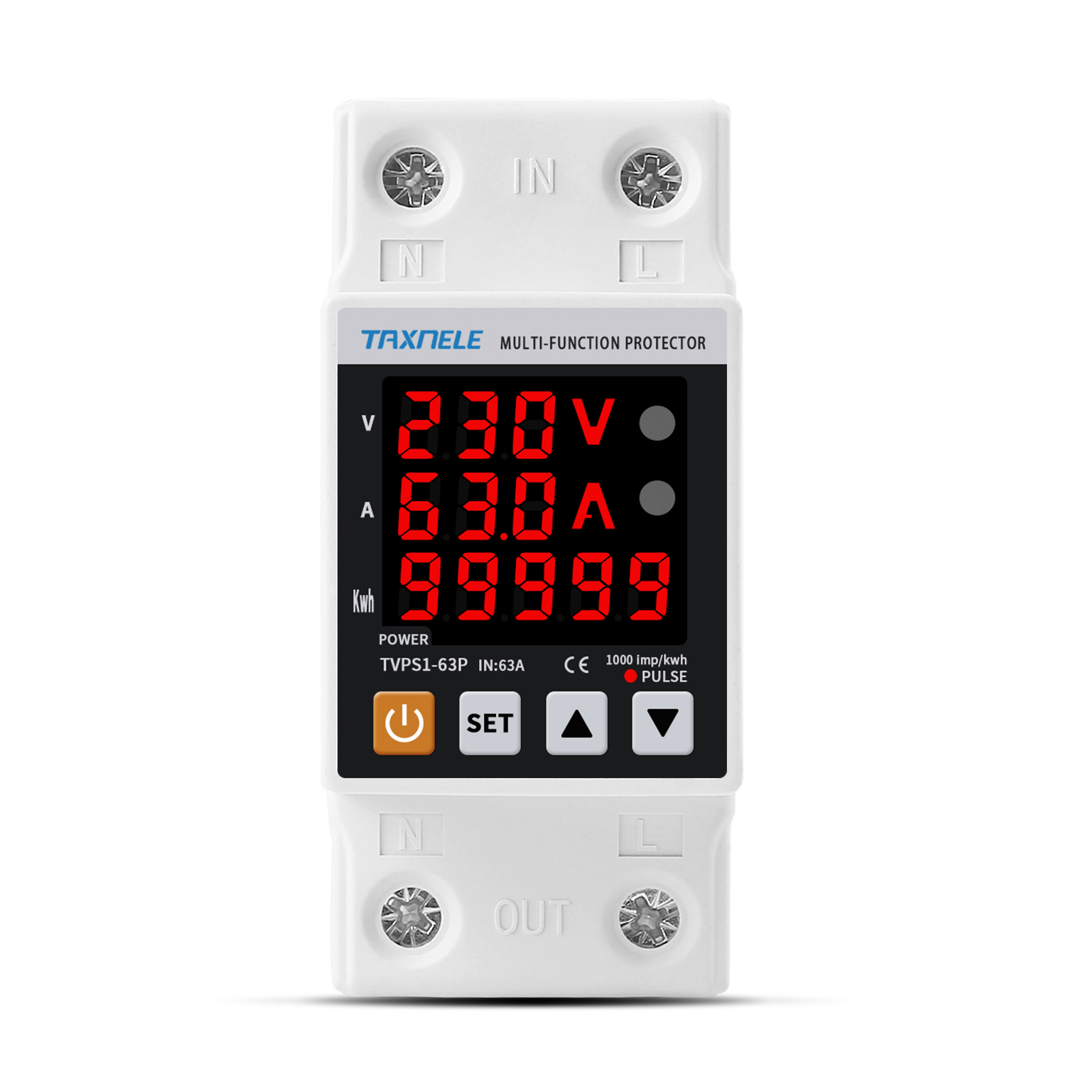 63A 230V 3IN1 Display Din rail adjustable over under voltage surge protector relay over current protect Kwh Power watt Meter